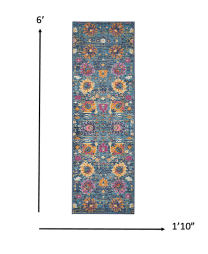 6' Blue And Orange Floral Power Loom Runner Rug