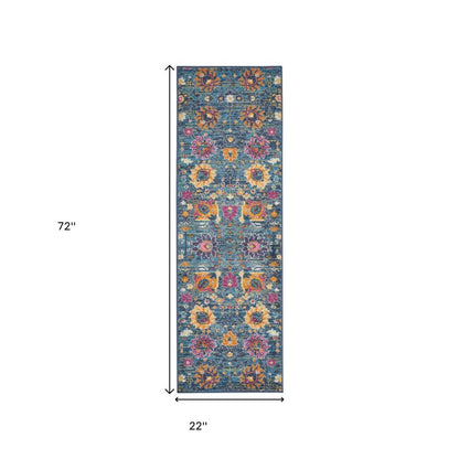 5' X 7' Blue And Orange Floral Distressed Area Rug