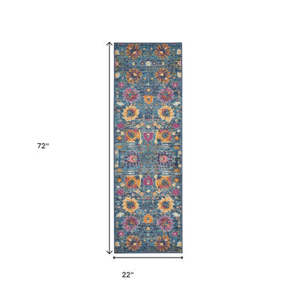 6' Blue And Orange Floral Distressed Runner Rug