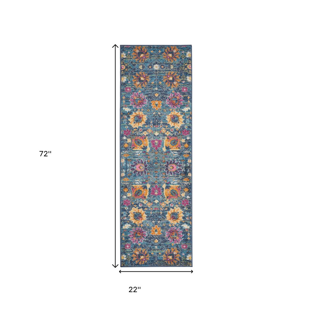 5' Blue And Orange Floral Distressed Round Rug