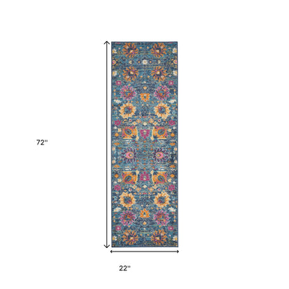 2' X 3' Blue And Orange Floral Distressed Area Rug