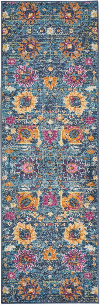 5' Blue And Orange Floral Distressed Round Rug