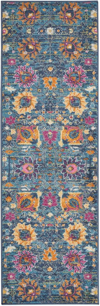 5' X 7' Blue And Orange Floral Distressed Area Rug