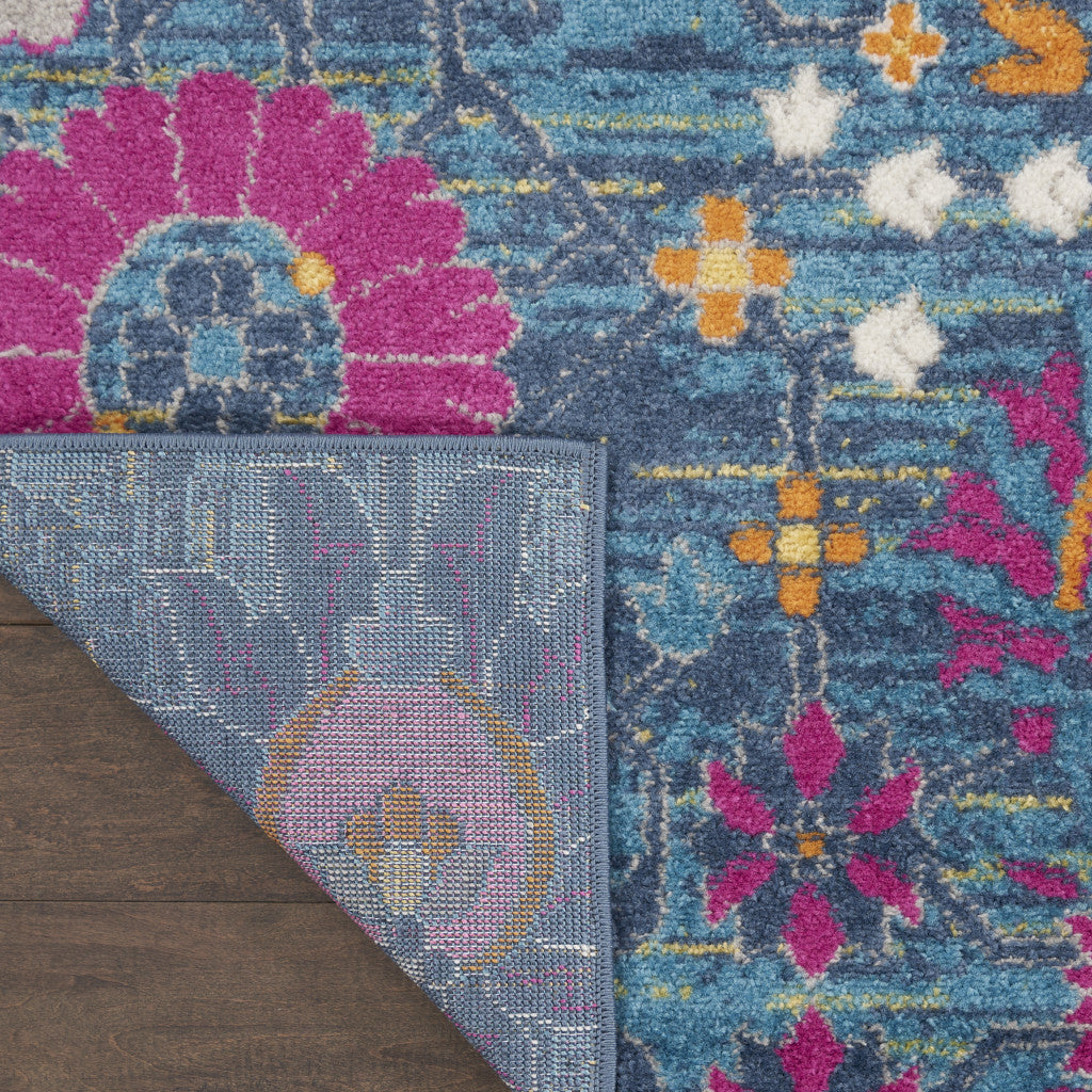 6' Blue And Orange Floral Power Loom Runner Rug