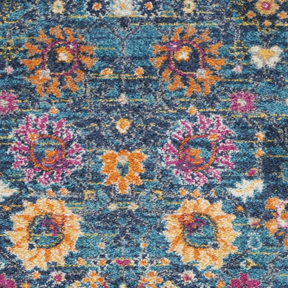 5' X 7' Blue And Orange Floral Distressed Area Rug