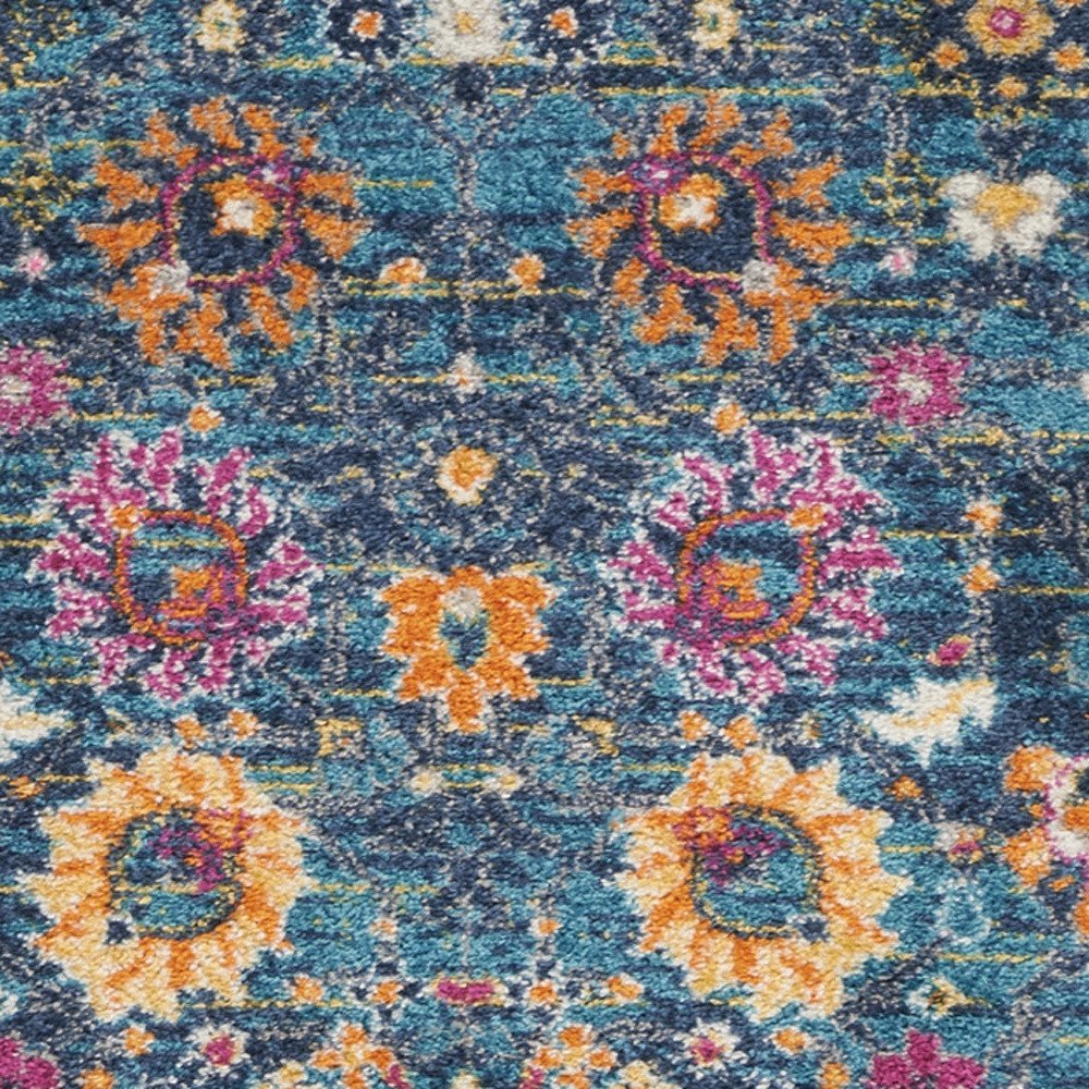 6' Blue And Orange Floral Distressed Runner Rug