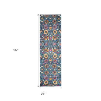 5' X 7' Blue And Orange Floral Distressed Area Rug