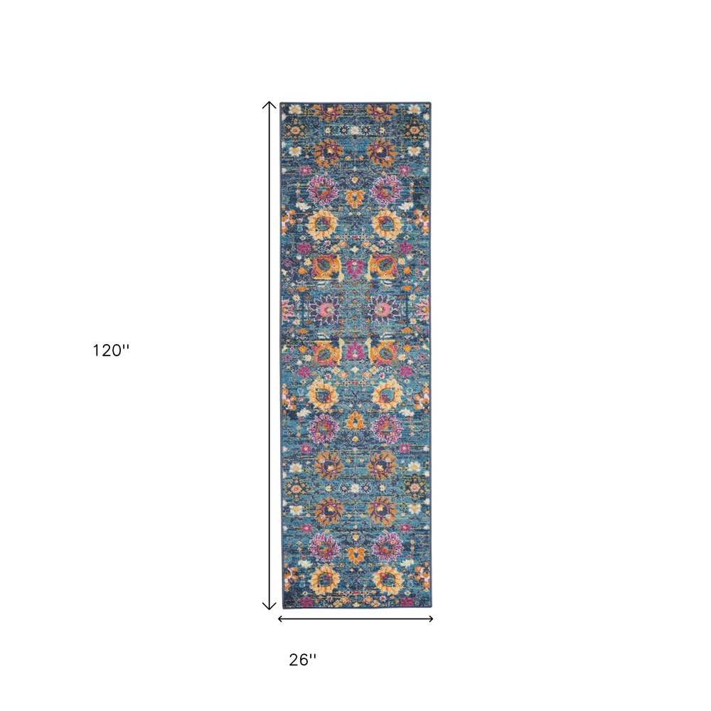 8' X 10' Blue And Orange Floral Distressed Area Rug
