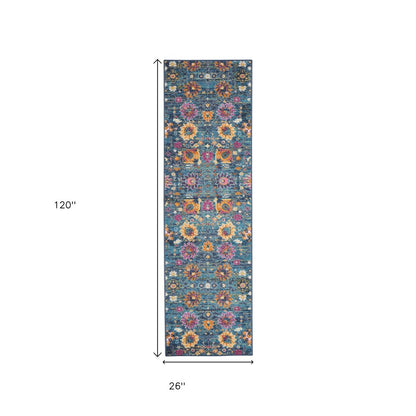 8' X 10' Blue And Orange Floral Distressed Area Rug