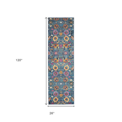 2' X 3' Blue And Orange Floral Distressed Area Rug