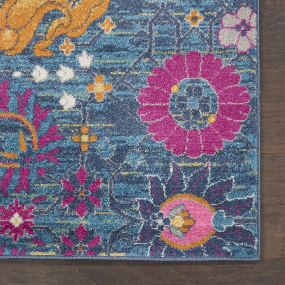 5' X 7' Blue And Orange Floral Distressed Area Rug
