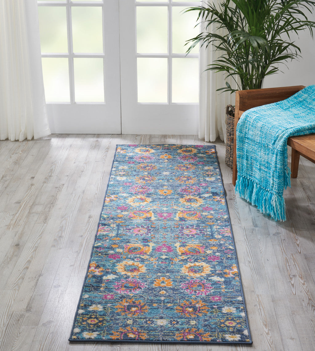 6' Blue And Orange Floral Power Loom Runner Rug