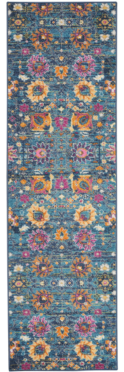 2' X 3' Blue And Orange Floral Distressed Area Rug