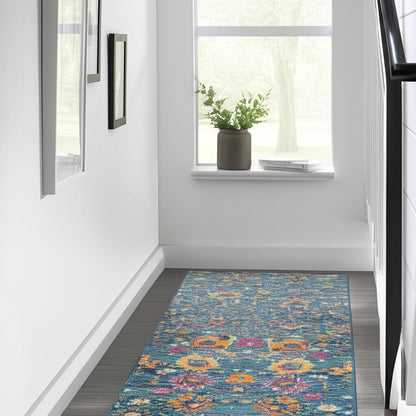 2' X 3' Blue And Orange Floral Distressed Area Rug