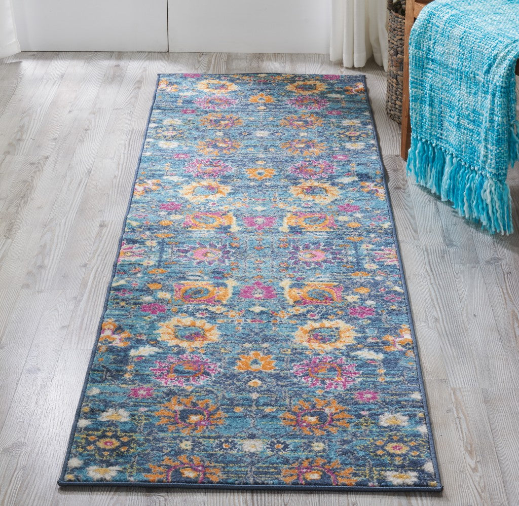 6' Blue And Orange Floral Power Loom Runner Rug