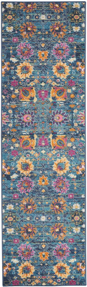 6' Blue And Orange Floral Distressed Runner Rug
