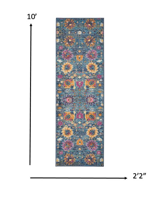 6' Blue And Orange Floral Power Loom Runner Rug