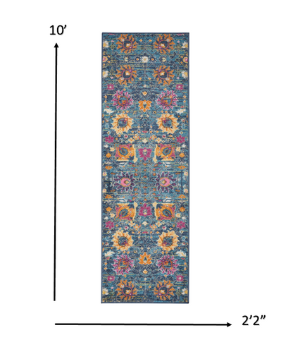2' X 3' Blue And Orange Floral Distressed Area Rug
