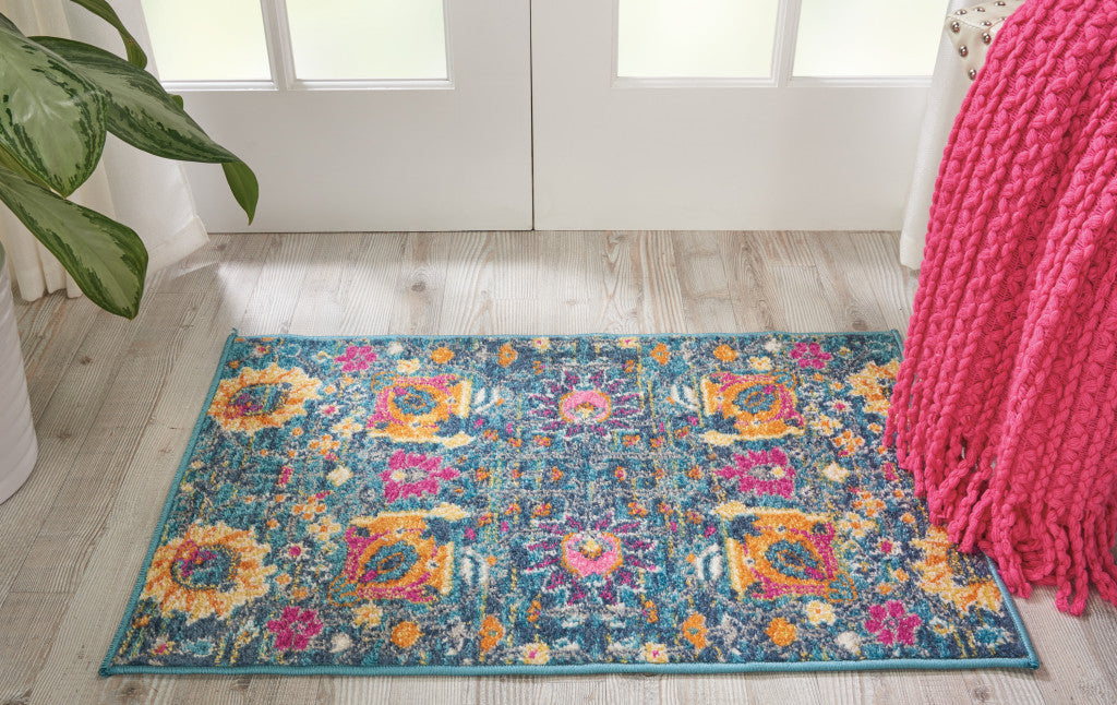 6' Blue And Orange Floral Power Loom Runner Rug