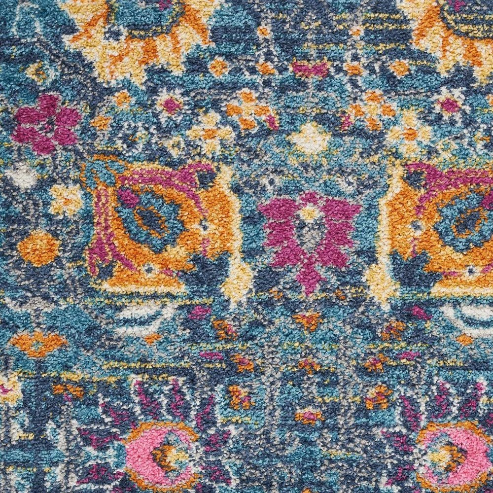6' Blue And Orange Floral Distressed Runner Rug