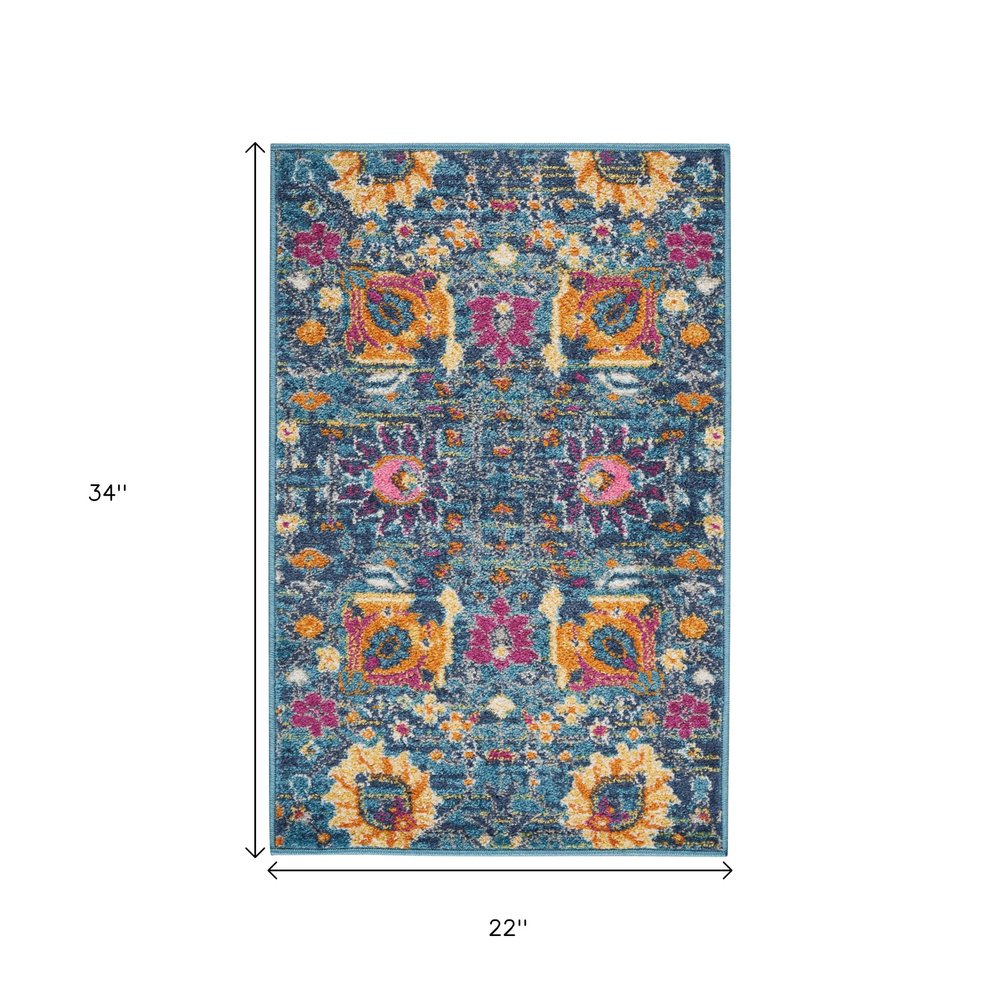 6' Blue And Orange Floral Distressed Runner Rug