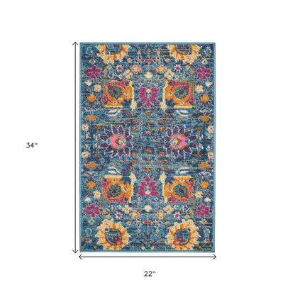 6' Blue And Orange Floral Distressed Runner Rug