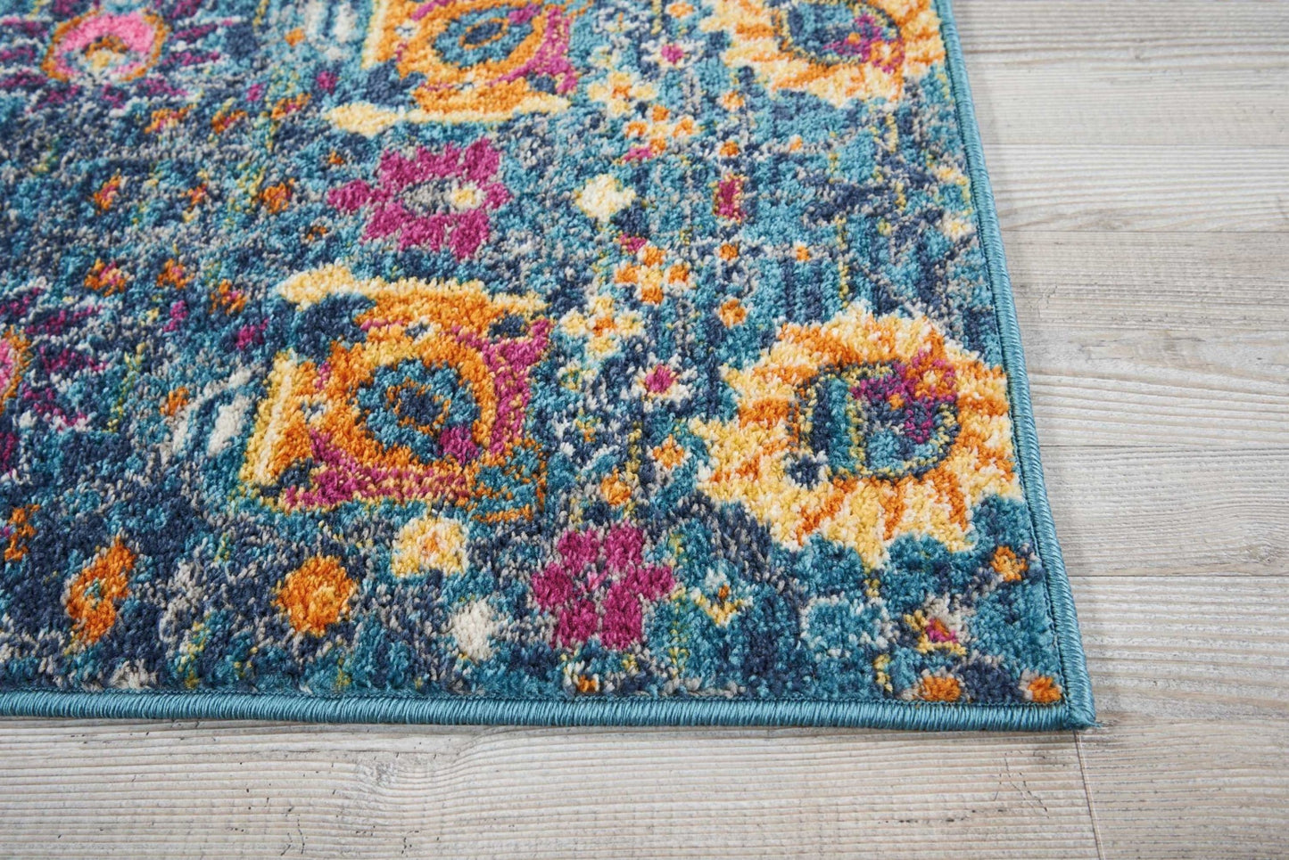 6' Blue And Orange Floral Power Loom Runner Rug