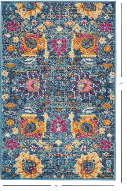 6' Blue And Orange Floral Power Loom Runner Rug