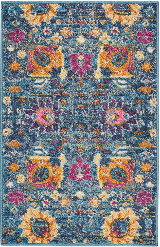 6' Blue And Orange Floral Distressed Runner Rug