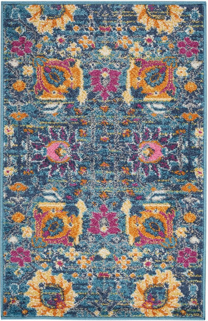 6' Blue And Orange Floral Distressed Runner Rug