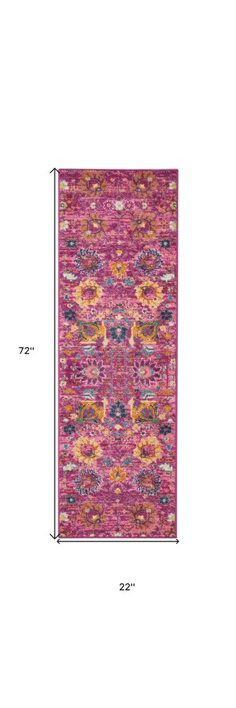 5' X 7' Fuchsia And Orange Floral Distressed Area Rug