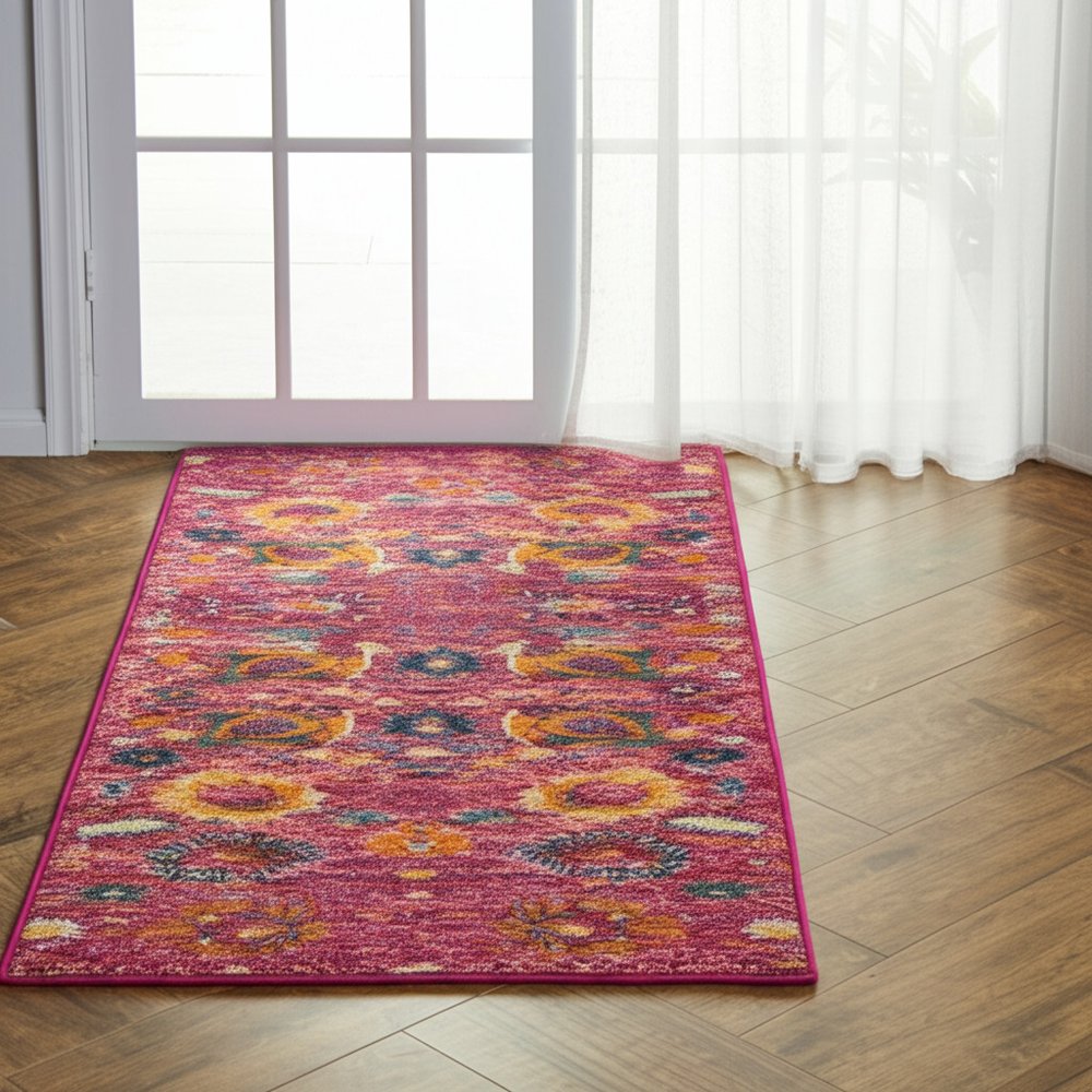 5' X 7' Fuchsia And Orange Floral Distressed Area Rug
