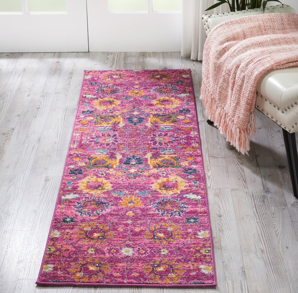 5' X 7' Fuchsia And Orange Floral Distressed Area Rug
