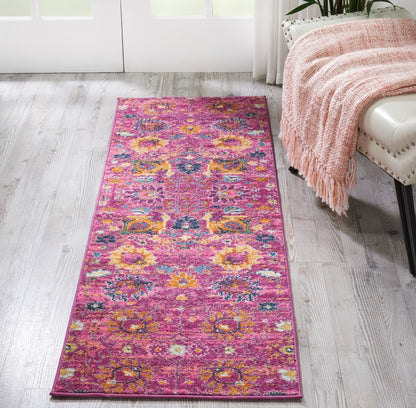 5' X 7' Fuchsia And Orange Floral Distressed Area Rug