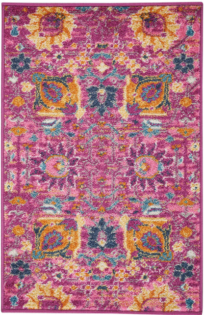 6' Fuchsia And Orange Floral Distressed Runner Rug