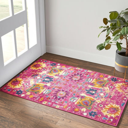 8' X 10' Fuchsia And Orange Floral Distressed Area Rug