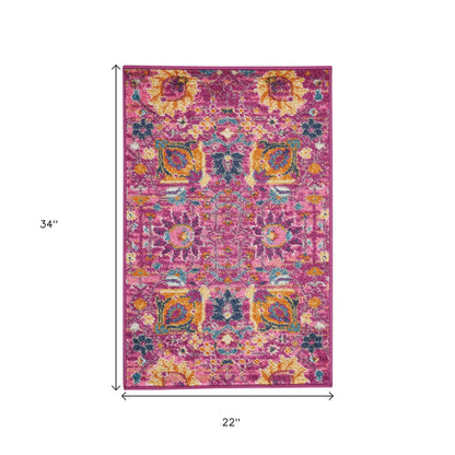 6' Fuchsia And Orange Floral Distressed Runner Rug