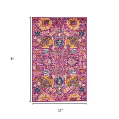 5' X 7' Fuchsia And Orange Floral Distressed Area Rug