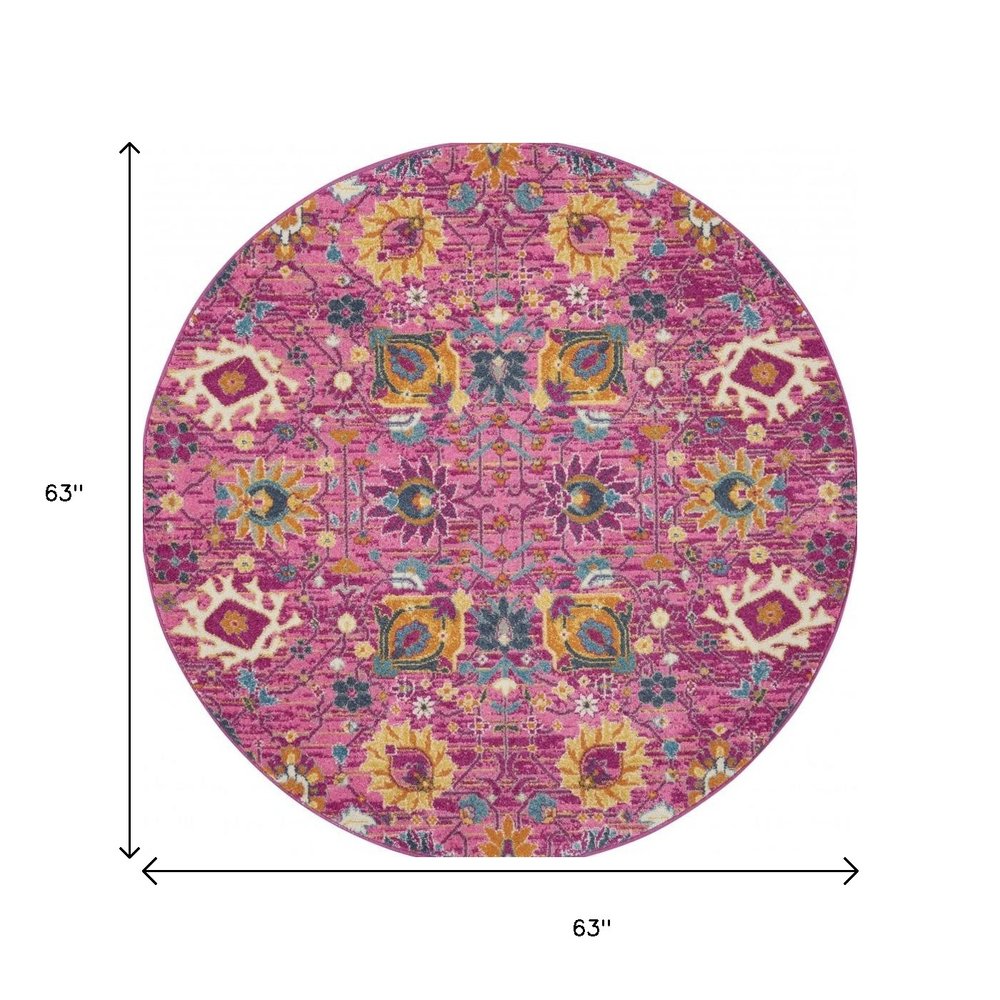 5' X 7' Fuchsia And Orange Floral Distressed Area Rug