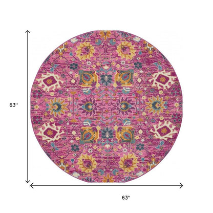 5' X 7' Fuchsia And Orange Floral Distressed Area Rug
