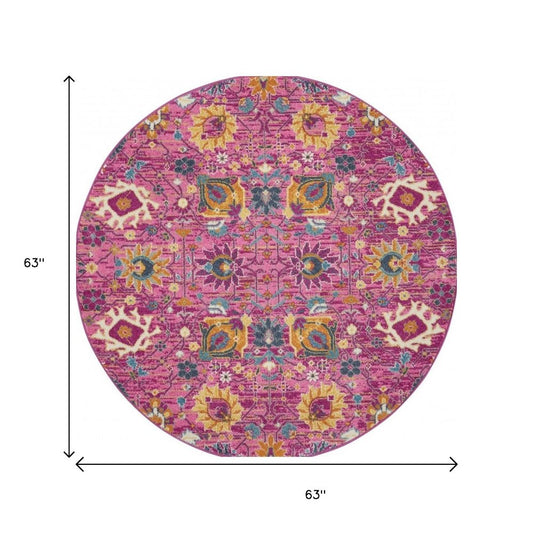 5' X 7' Fuchsia And Orange Floral Distressed Area Rug
