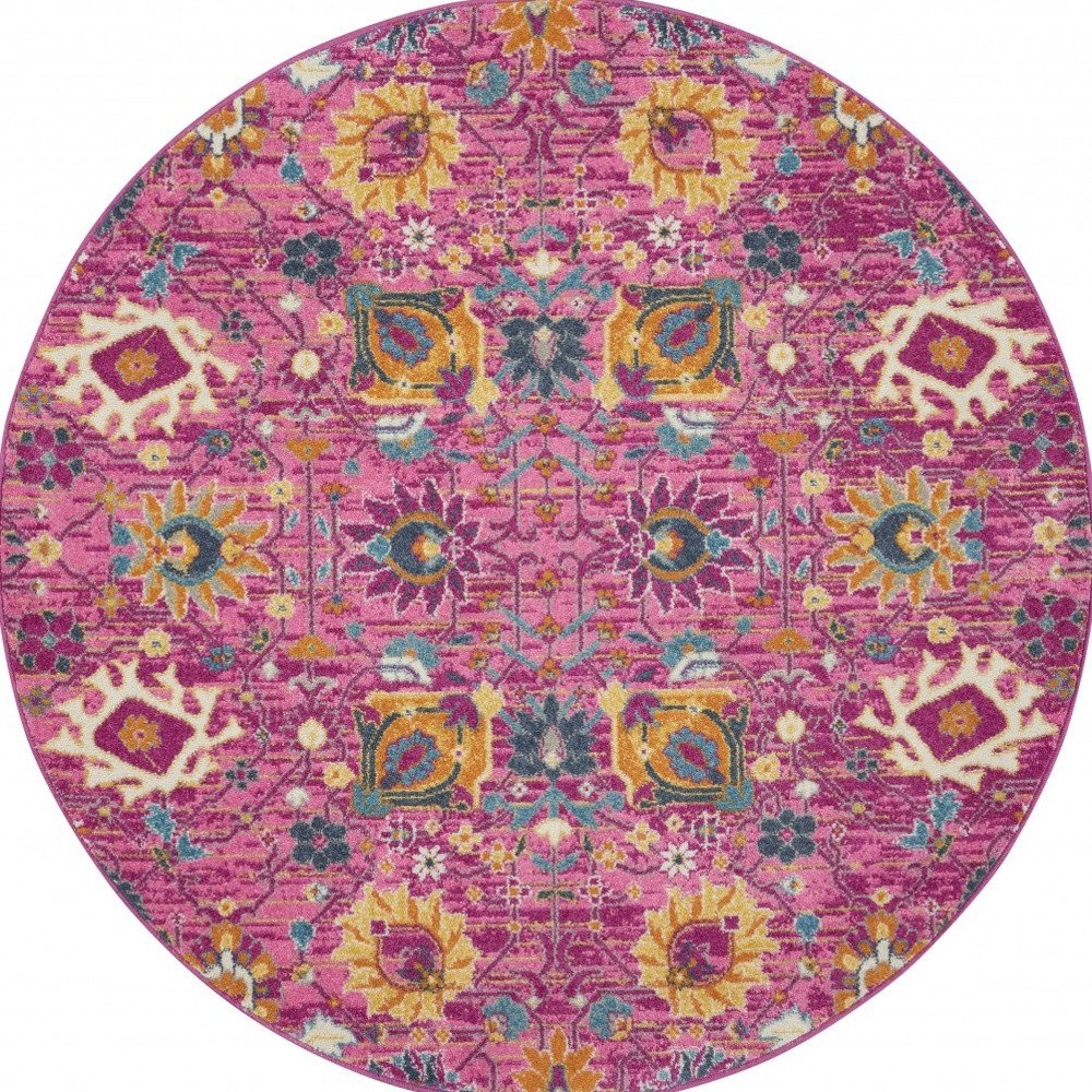 5' X 7' Fuchsia And Orange Floral Distressed Area Rug