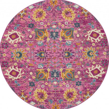 5' X 7' Fuchsia And Orange Floral Distressed Area Rug