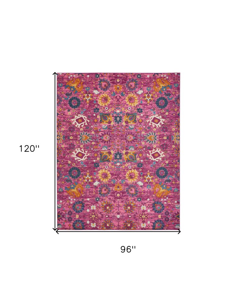 8' X 10' Fuchsia And Orange Floral Distressed Area Rug