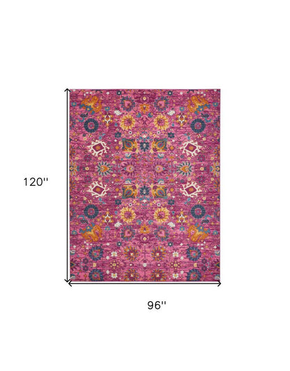8' X 10' Fuchsia And Orange Floral Distressed Area Rug