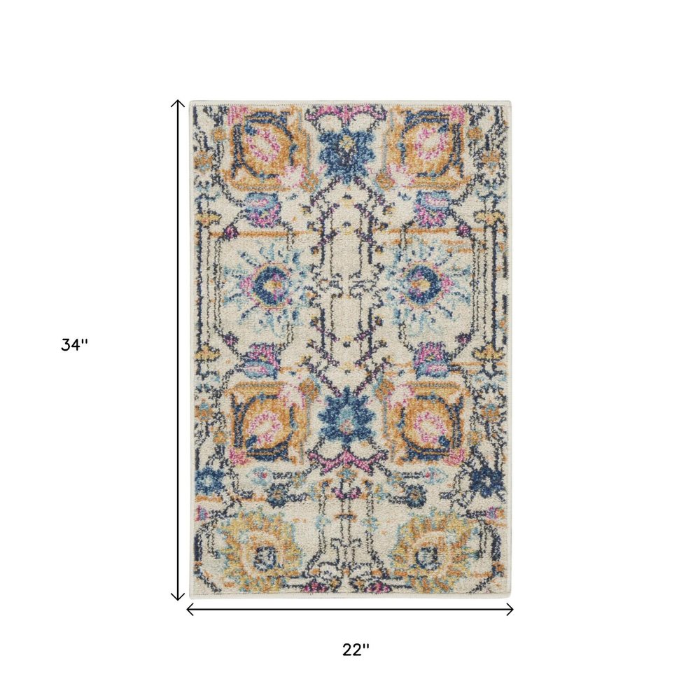 8' Ivory And Blue Floral Runner Rug