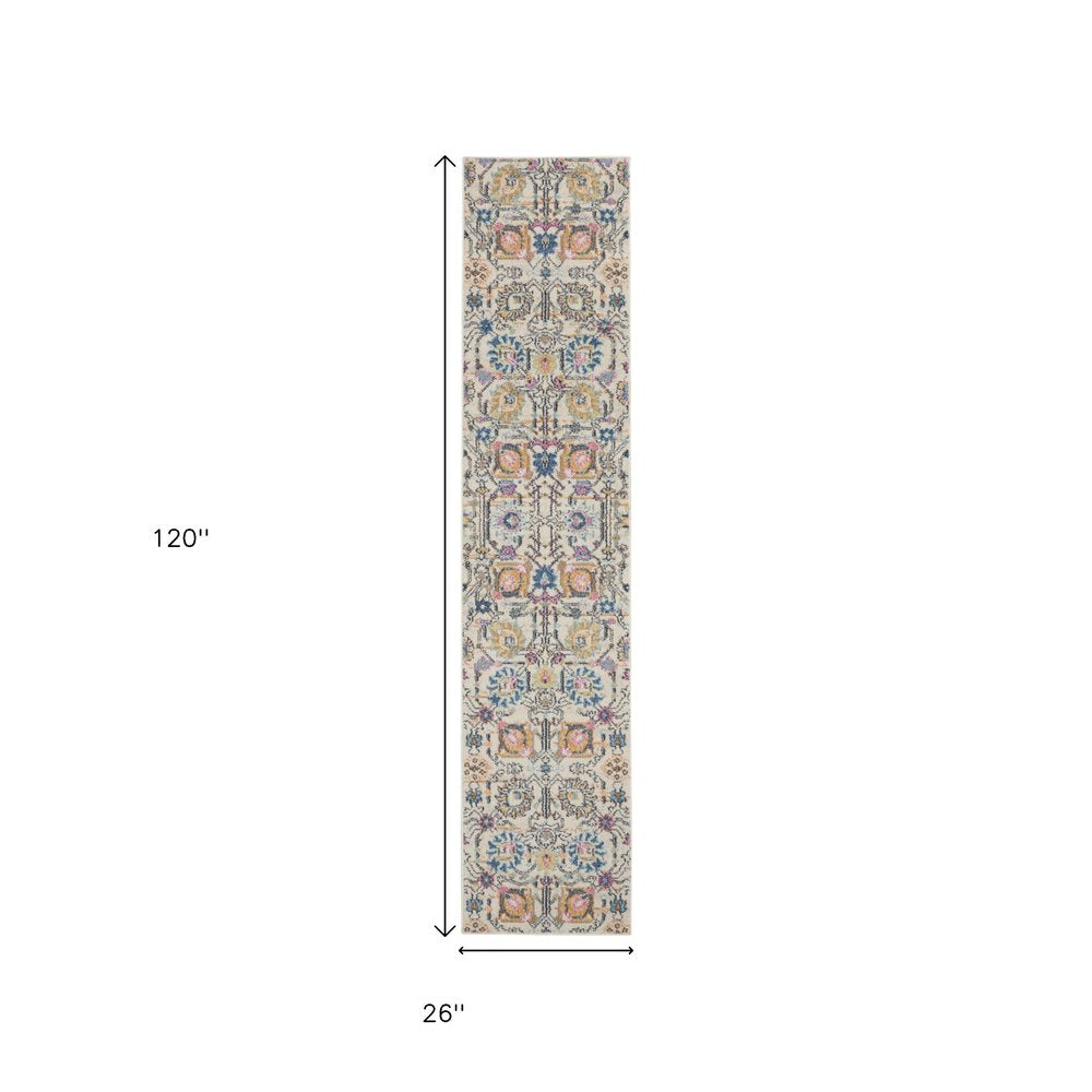 8' Ivory And Blue Floral Runner Rug