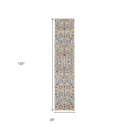 8' Ivory And Blue Floral Runner Rug