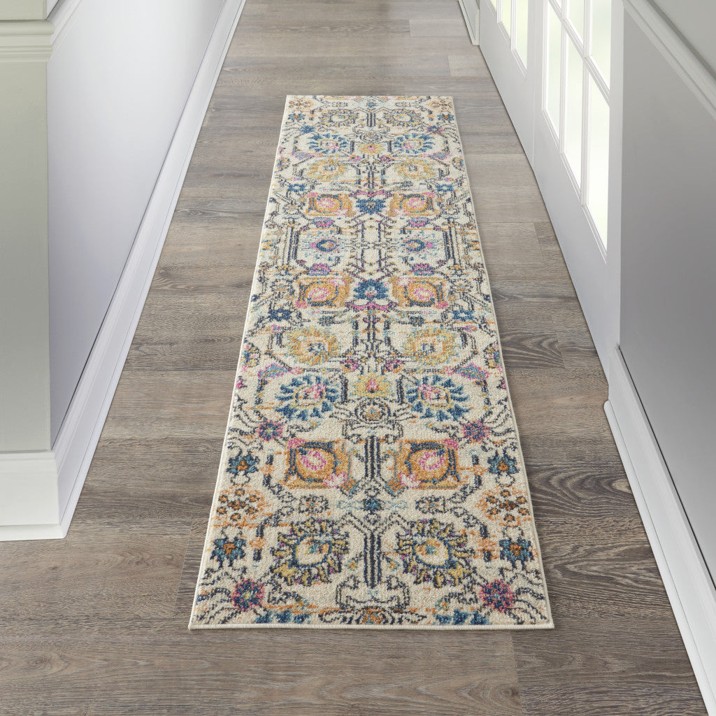 7' X 10' Orange And Ivory Floral Power Loom Area Rug