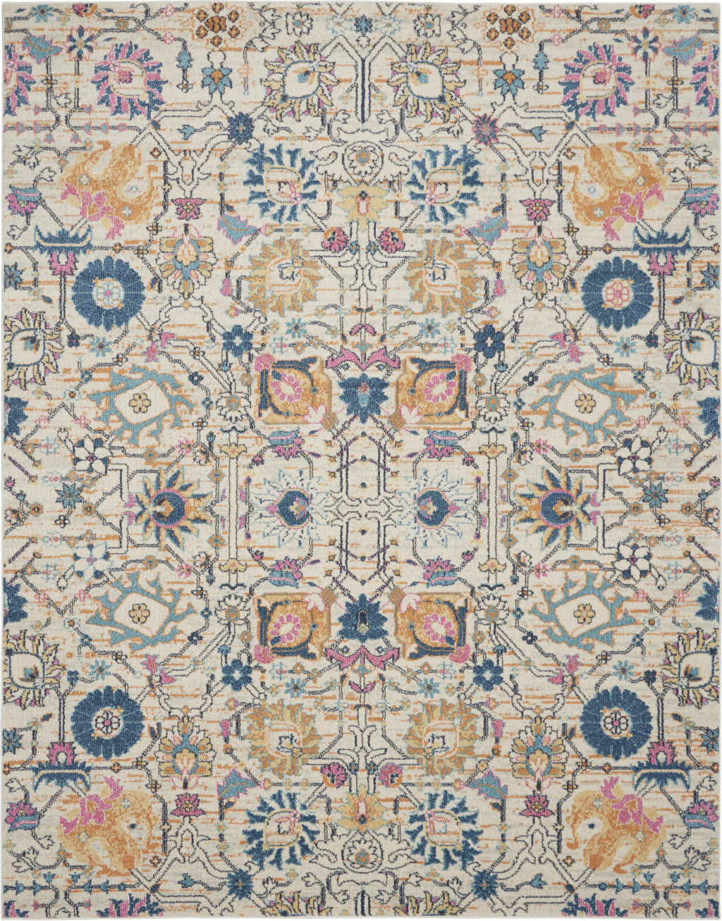 7' X 10' Orange And Ivory Floral Power Loom Area Rug